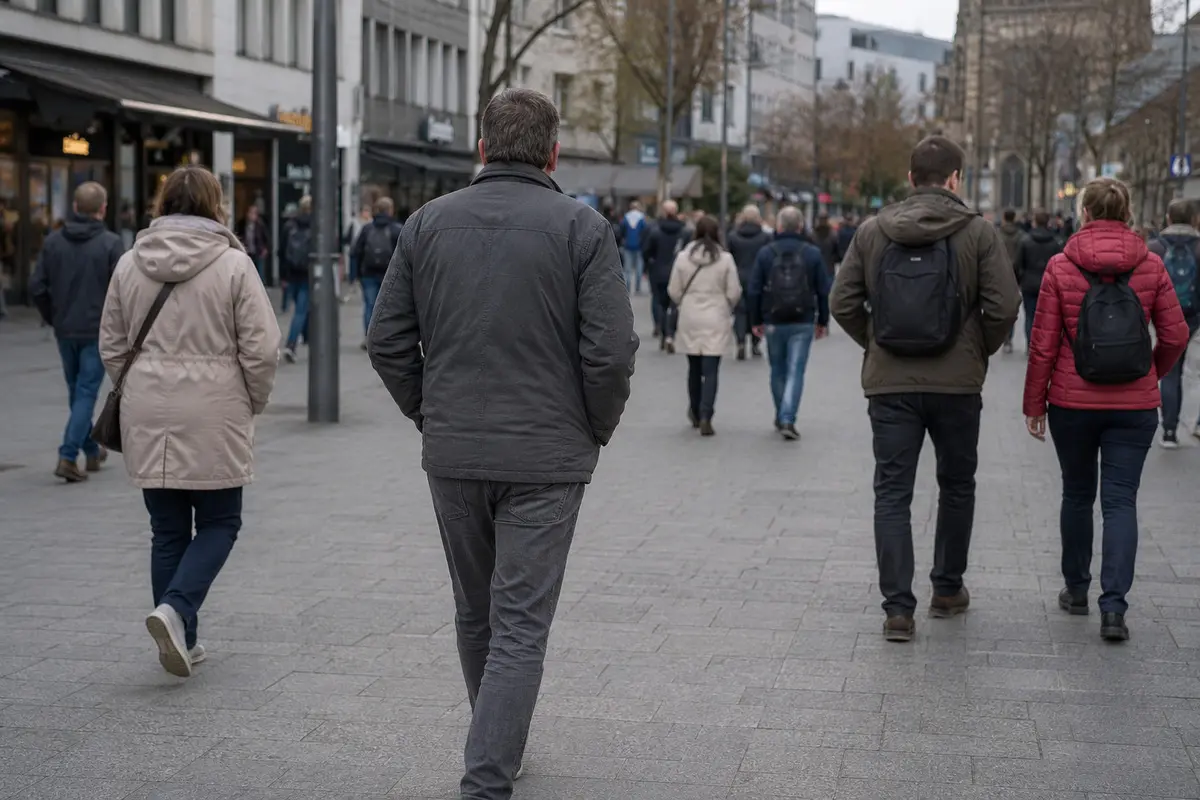 Unauffällig gekleidete Person in einer Fußgängergruppe