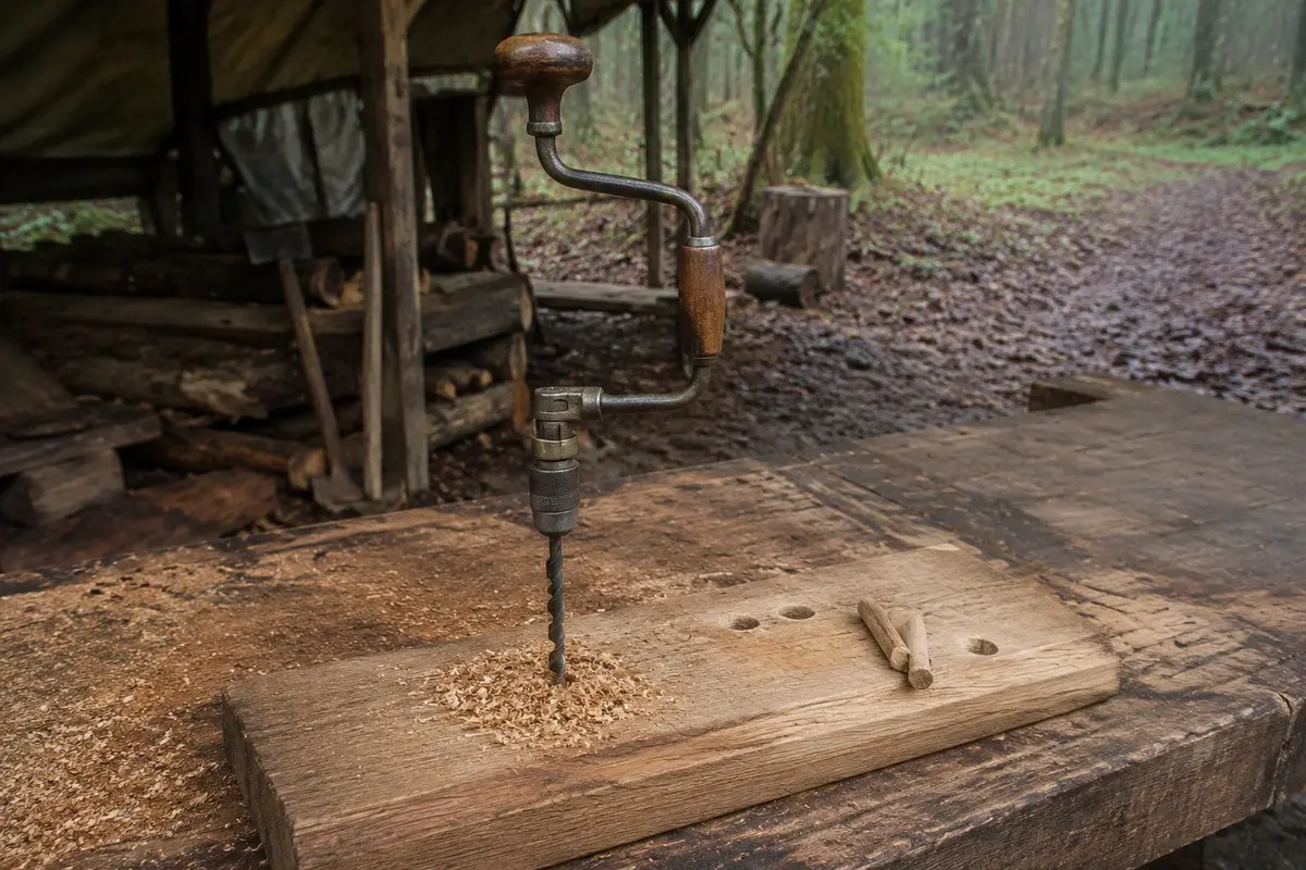 Bohrwinde mit Holzbohrer in einem Brett auf einer einfachen Waldwerkbank
