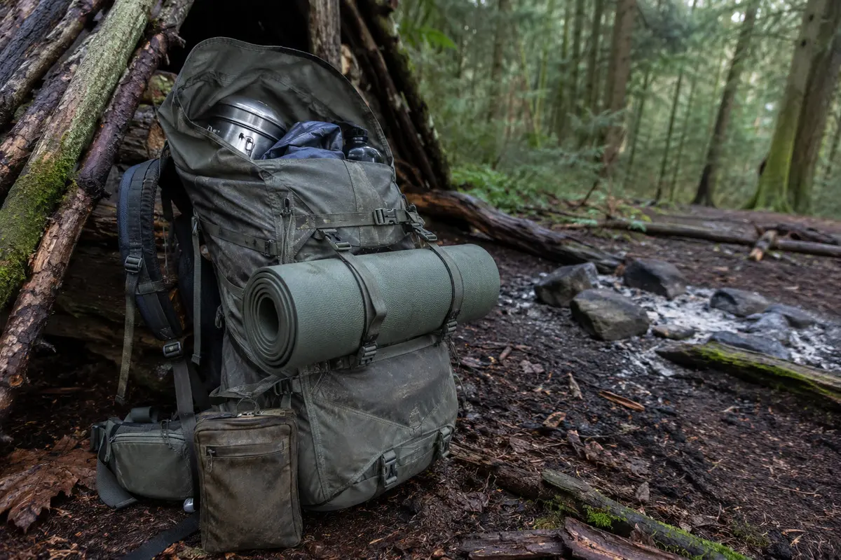 Gebrauchter großer Trekkingrucksack an einem Waldlager