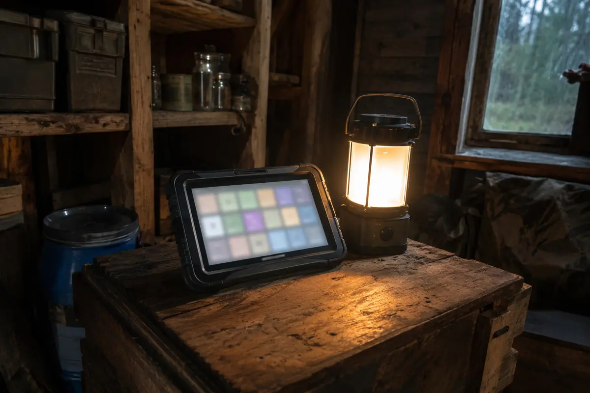 Robustes Tablet mit Offline-Wissensarchiv in einer Hütte