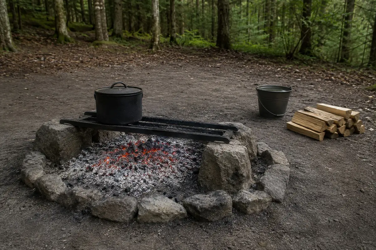 Glutbett mit Stahlauflage und schwarzem Kochtopf auf mineralischem Waldboden