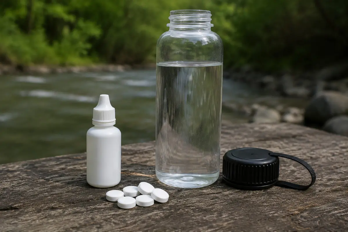Tabletten und Tropfflasche zur Trinkwasseraufbereitung