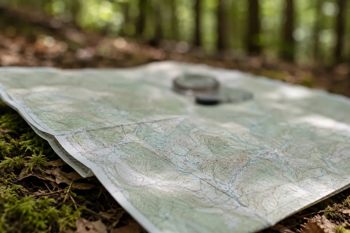 Topografische Karte mit unscharfem Kompass auf dem Waldboden