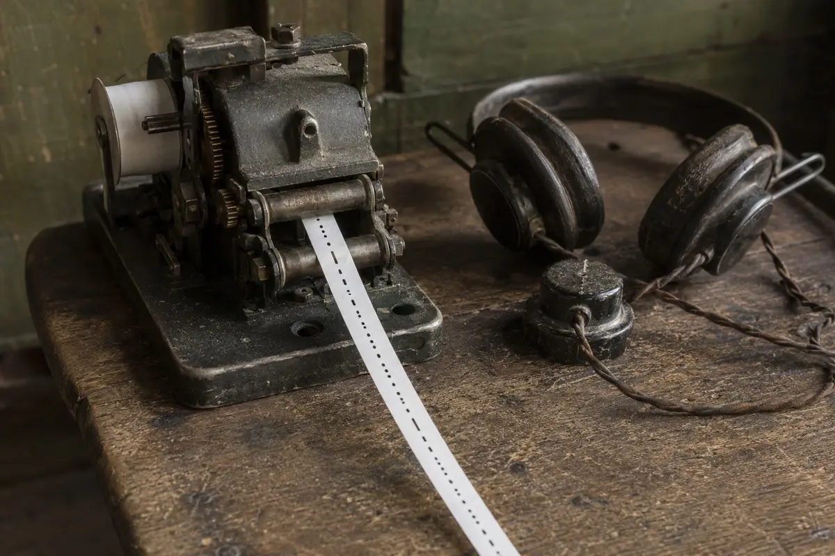 Schmaler Morse-Papierstreifen mit kurzen und langen Signalen in einem mechanischen Registriergerät