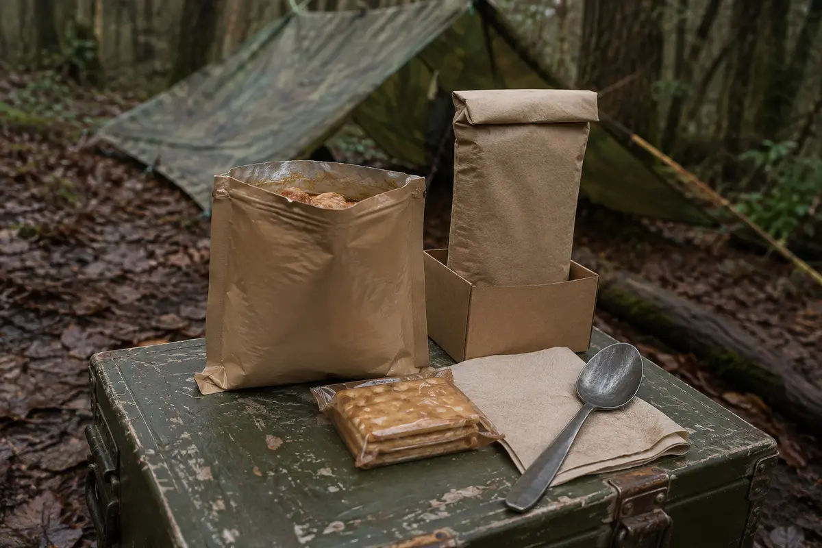 Geöffnete Fertigmahlzeit mit Heiztasche und Zubehör