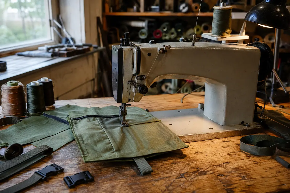 Nähmaschine mit Outdoor-Gewebe und selbst gefertigter Tasche