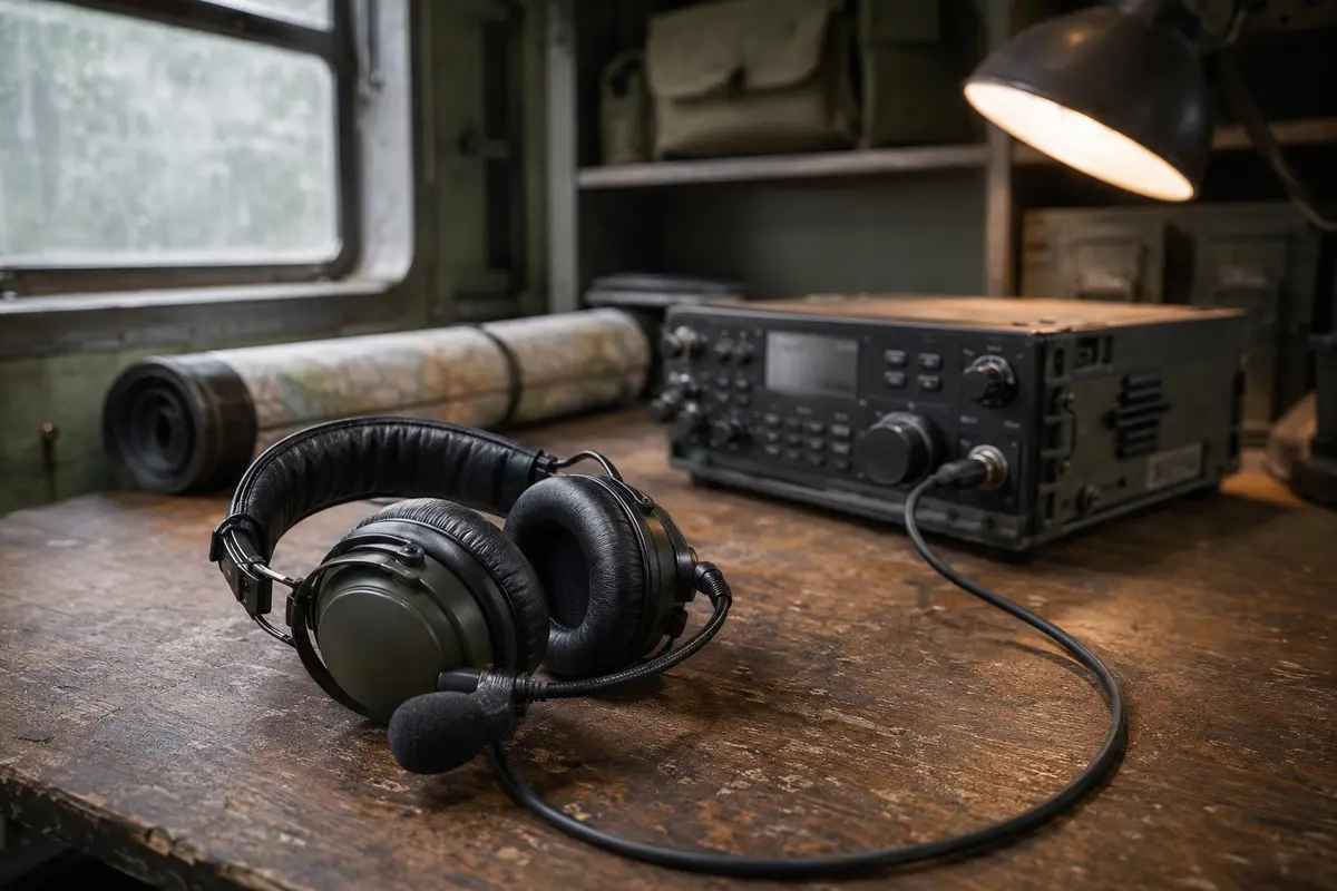Funkgerät mit angeschlossenem Headset in einer Funkstation