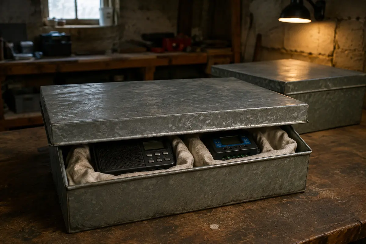 Radio und Elektronik in abschirmenden Metallbehältern