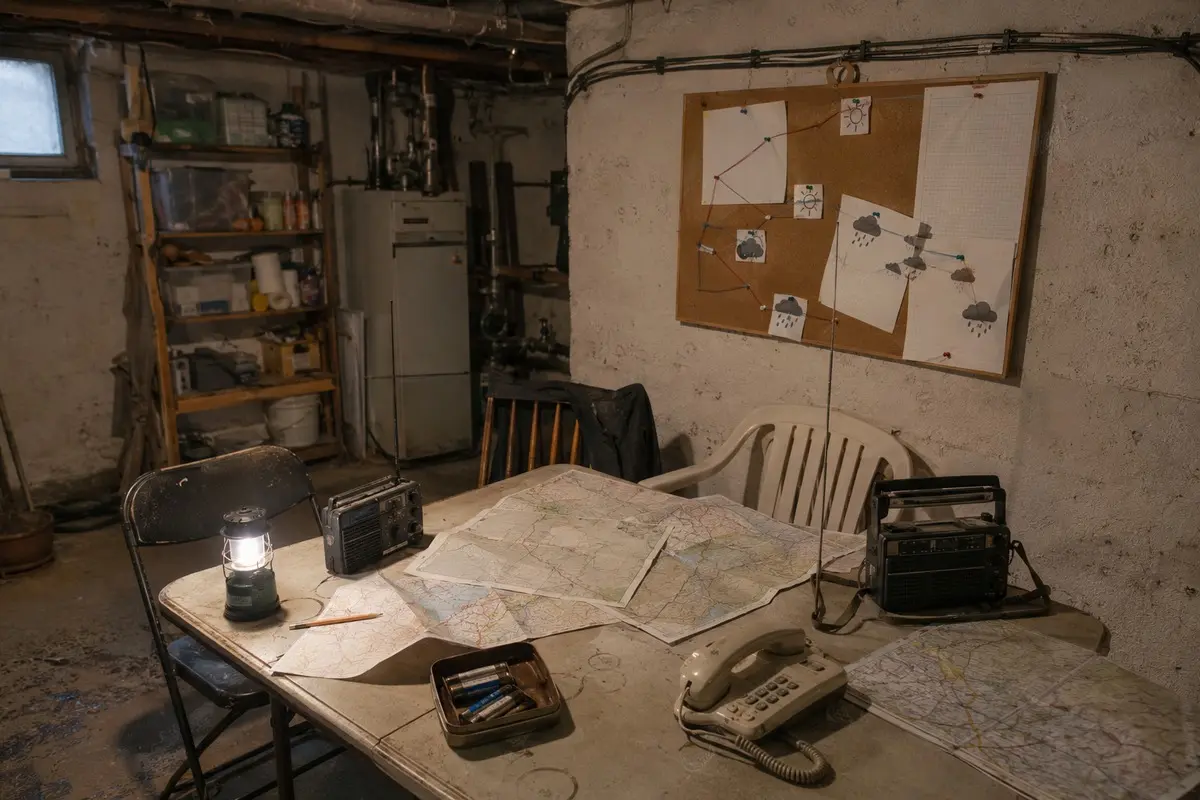 Improvisierter Krisenraum mit Karten, Funkgeräten, Telefon und Lagewand in einem Keller