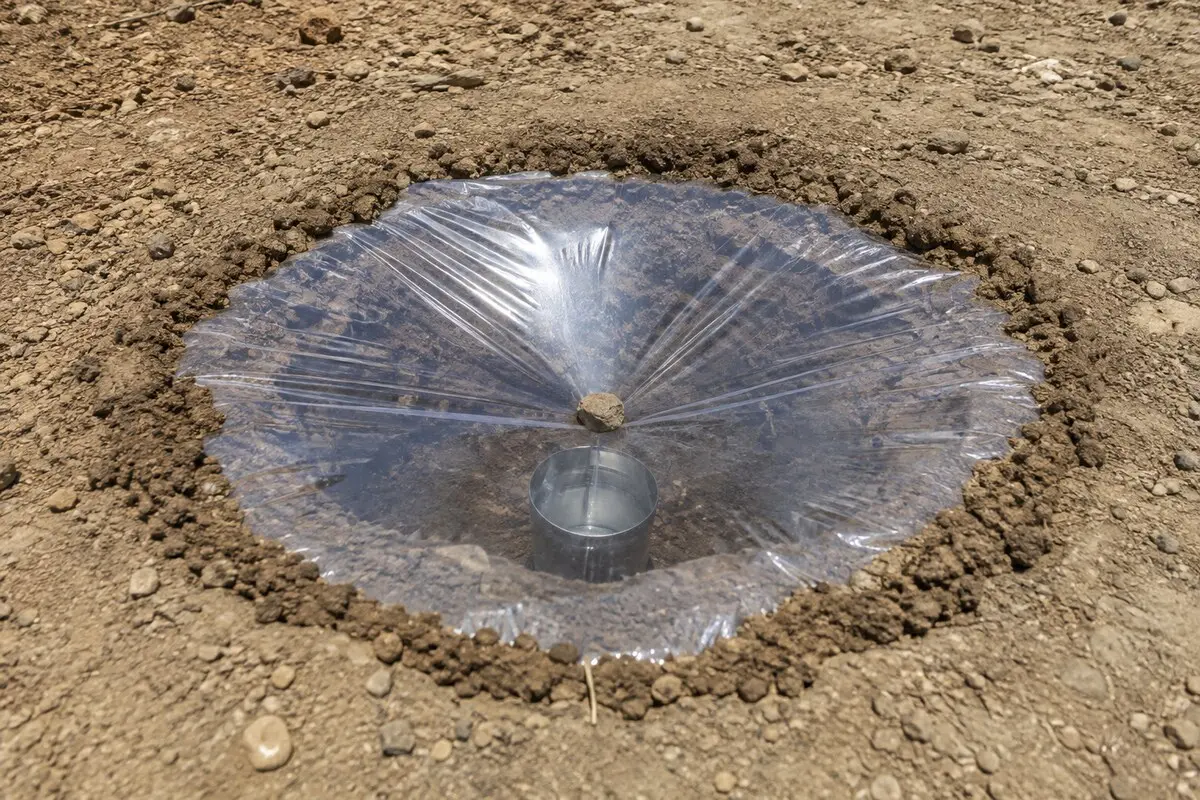 Solar Still mit Auffanggefäß unter einer Folienmulde