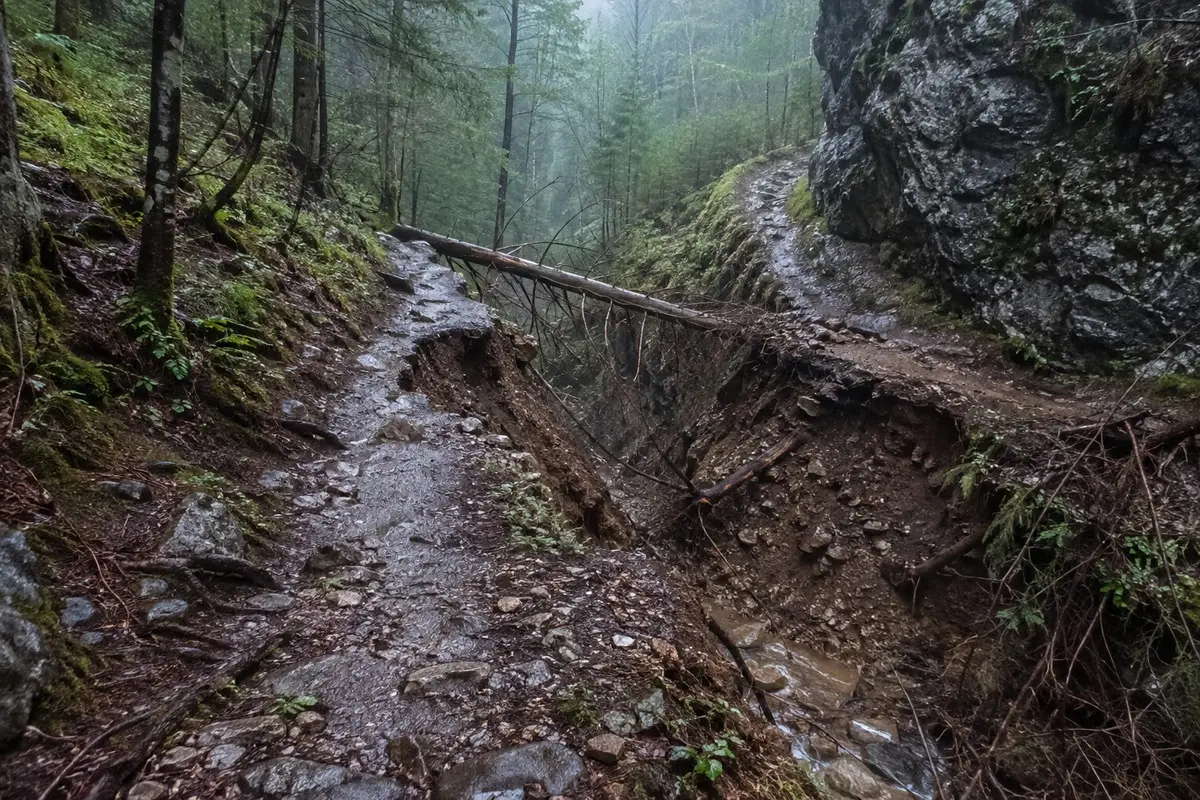 Nach einem Unwetter ausgespülter Waldweg mit Abbruchkante und blockiertem Weiterweg