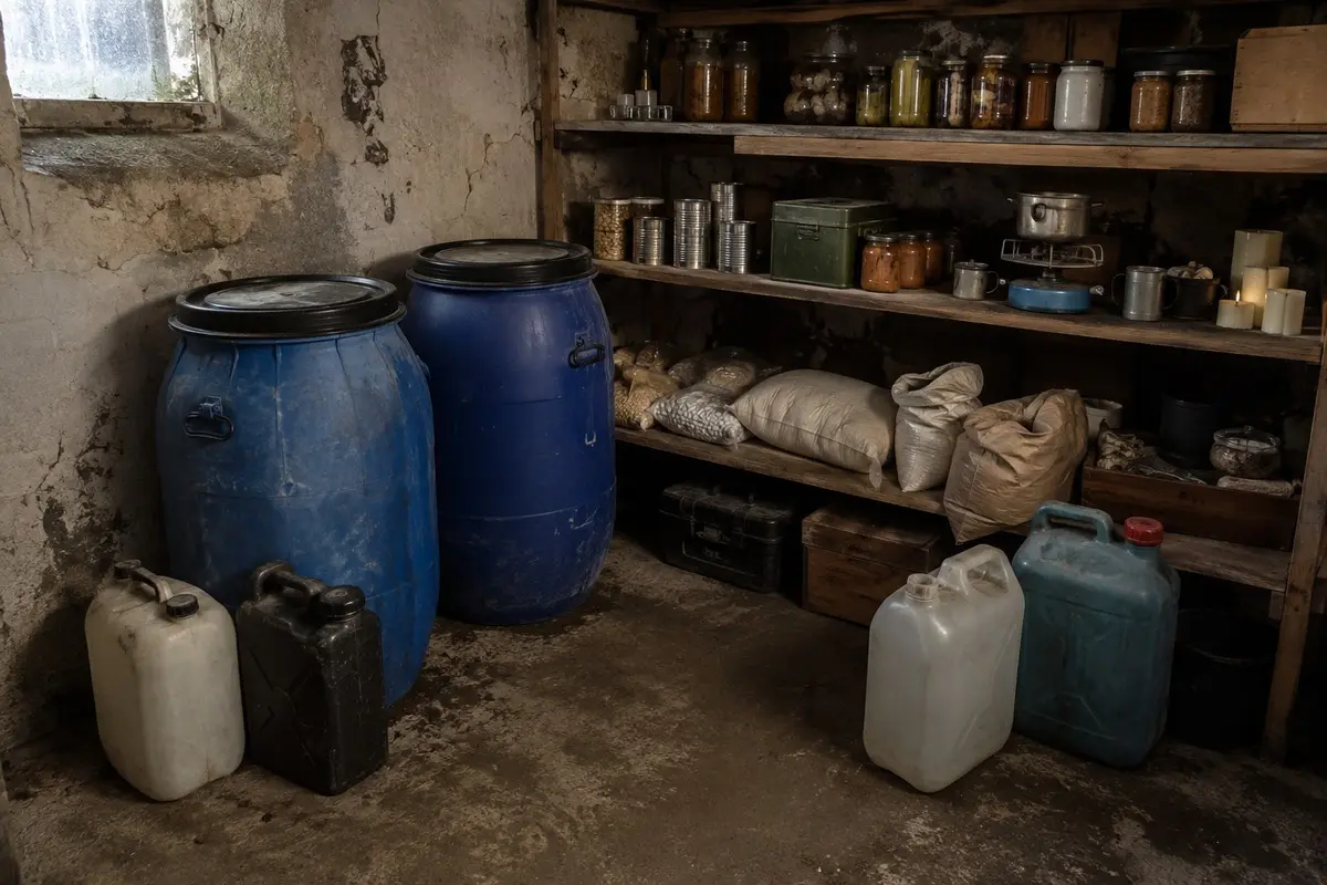 Gebrauchte Wasserbehälter und unregelmäßig gelagerte Notvorräte in einem alten Keller