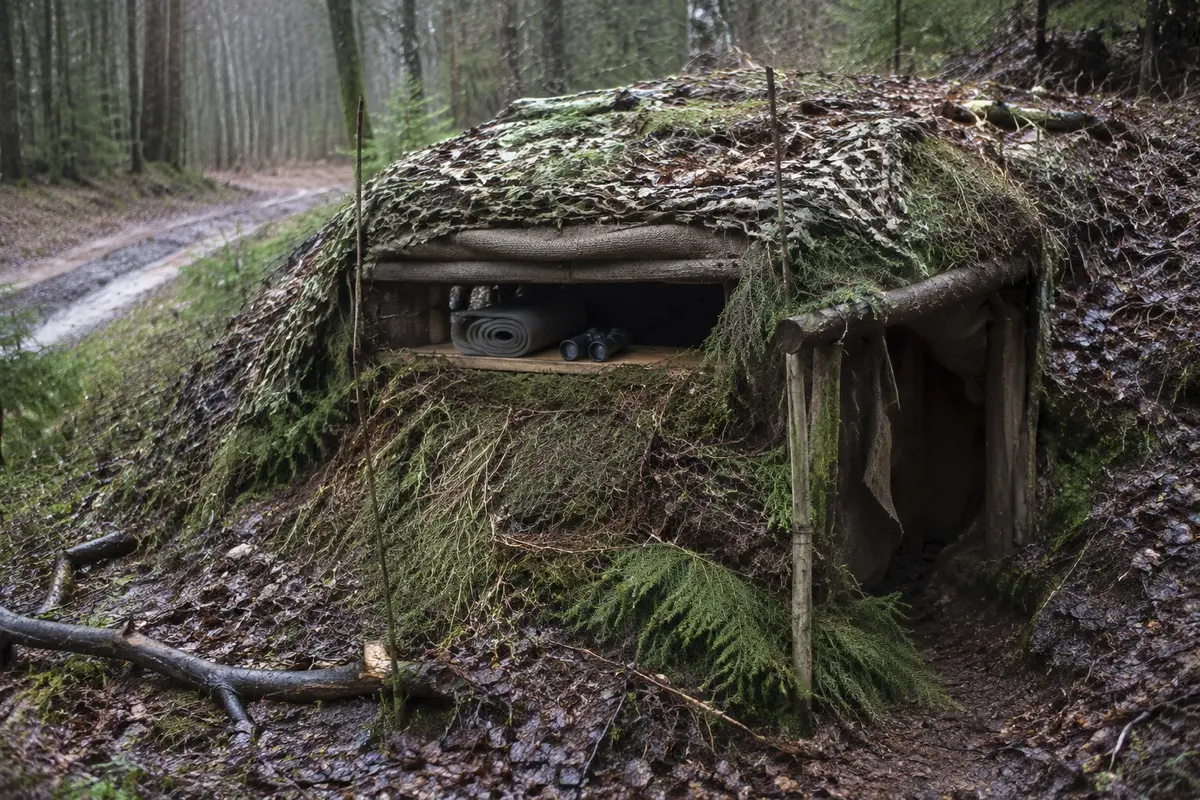 Getarnter Beobachtungsunterstand mit schmaler Sichtöffnung an einem Waldweg