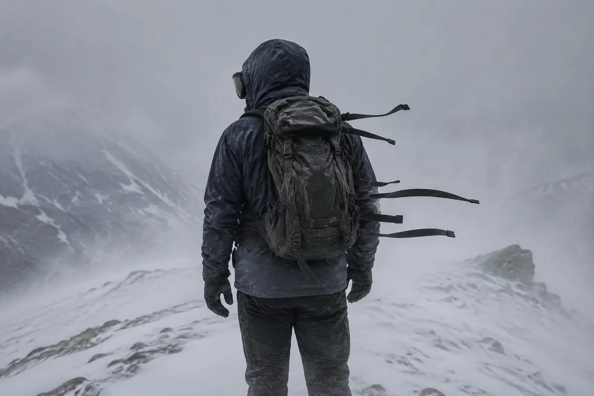 Wanderer in kaltem Wind und Triebschnee
