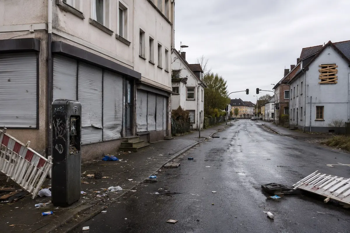 Verlassene Kleinstadtstraße mit verbogenen Absperrungen, geschlossenen Läden und beschädigten Gebäuden