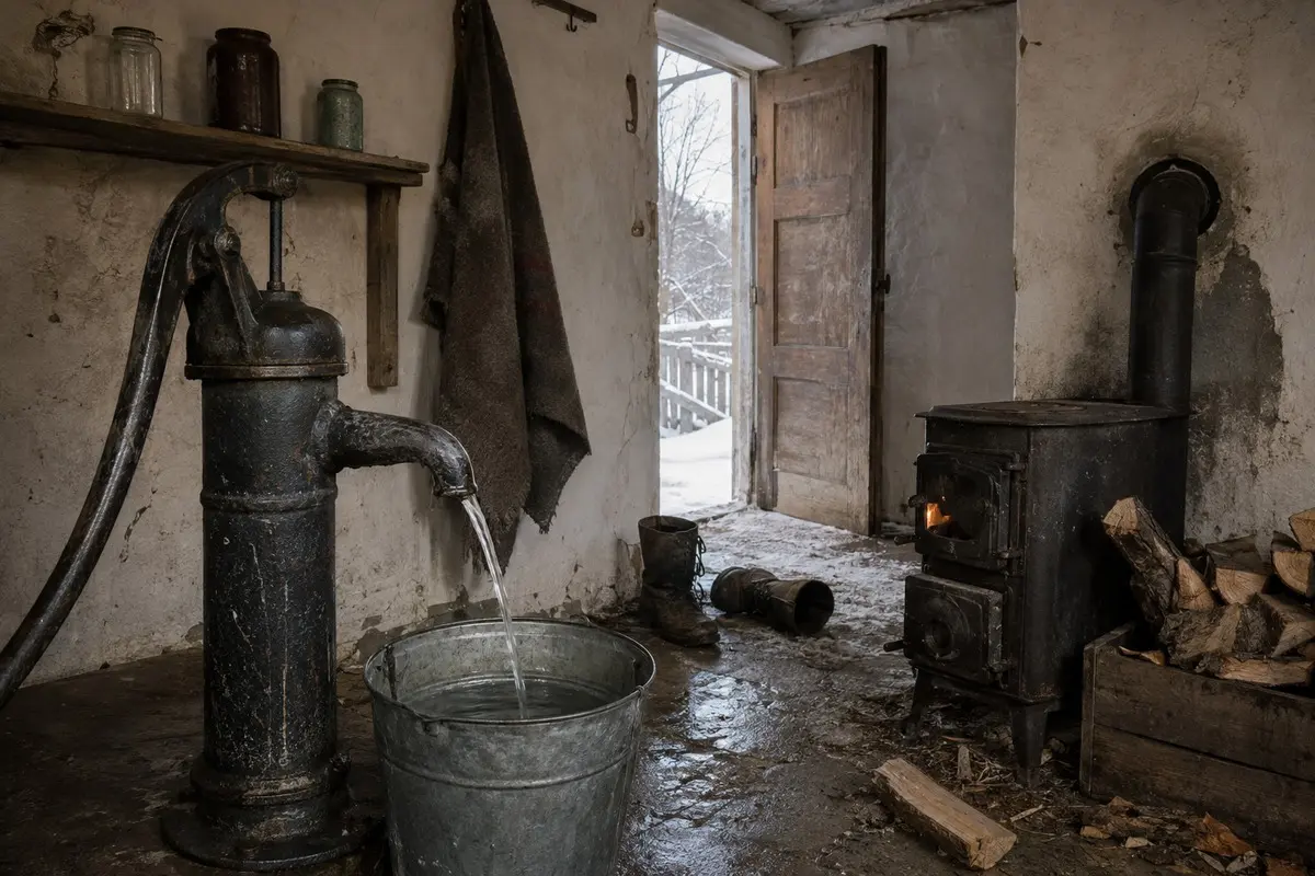 Abgenutzte Handpumpe fördert Wasser in einen offenen Eimer neben einem benutzten Holzofen