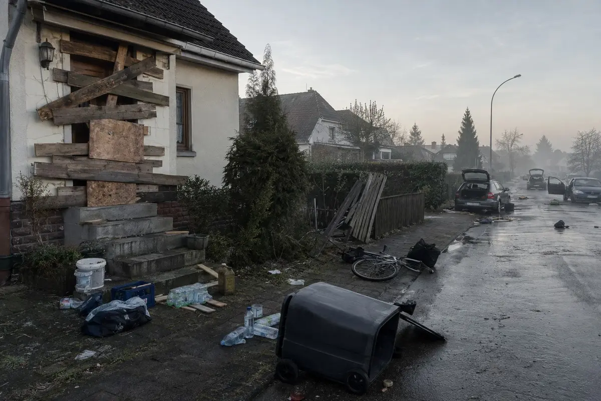 Verlassene nasse Wohnstraße mit verbarrikadiertem Hauseingang und verstreuten Versorgungsgütern