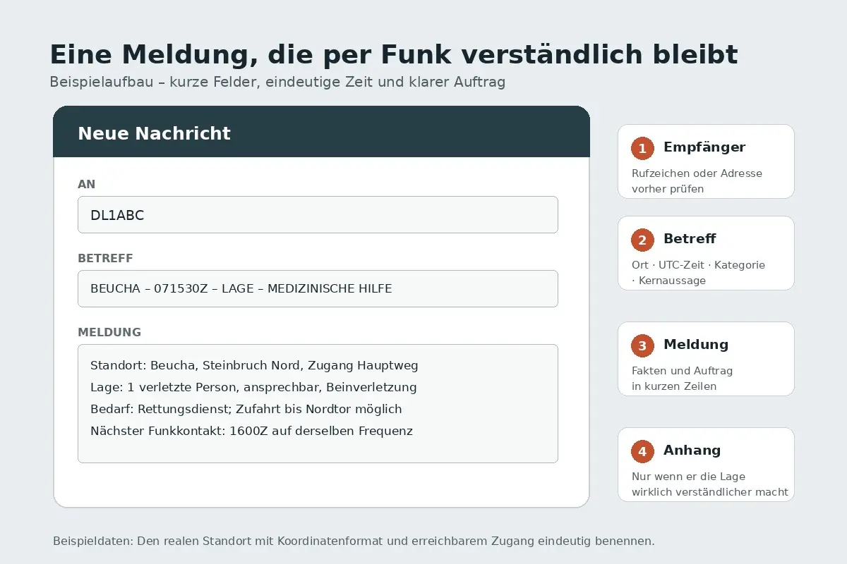 Beispiel einer knapp aufgebauten Winlink-Meldung mit Empfänger, Betreff, Lage, Bedarf und nächster Funkzeit