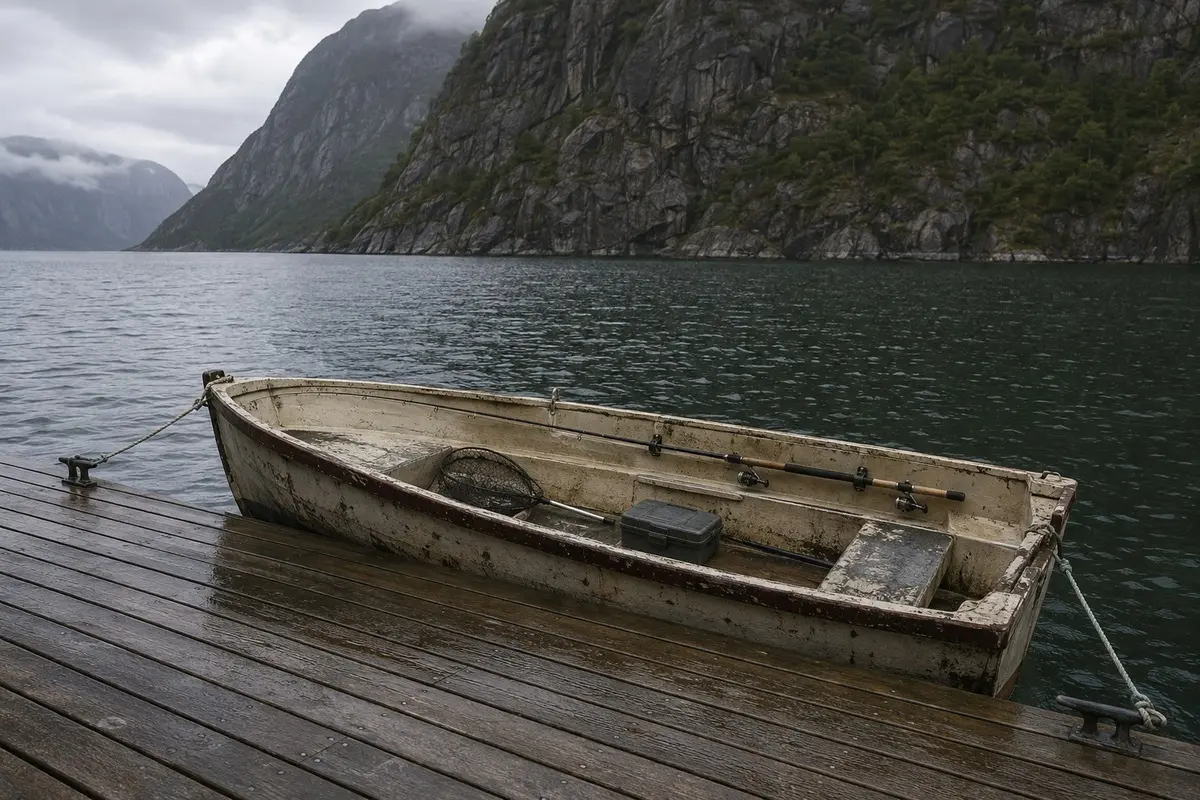 Verwittertes Angelboot mit gesicherten Ruten, Kescher und Gerätekasten an einem norwegischen Fjord