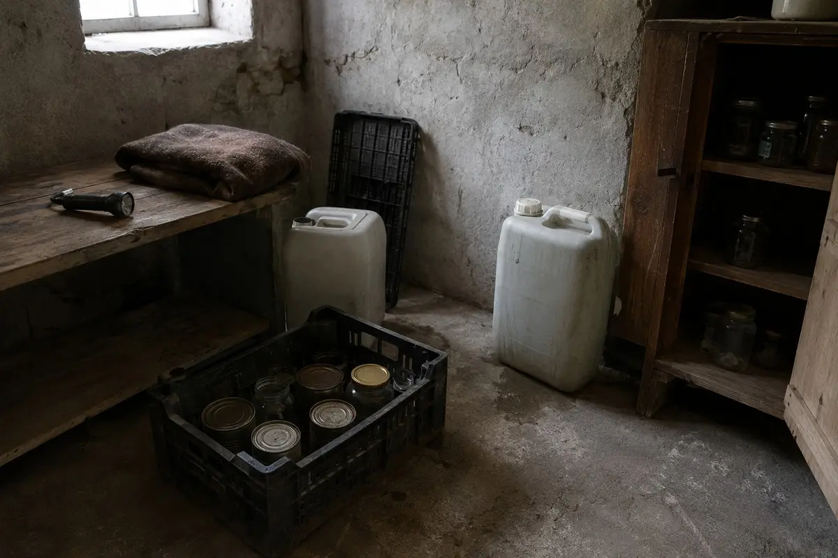 Unfertiger Notvorrat mit einer teilweise gefüllten Kiste und zwei Wasserkanistern im Keller