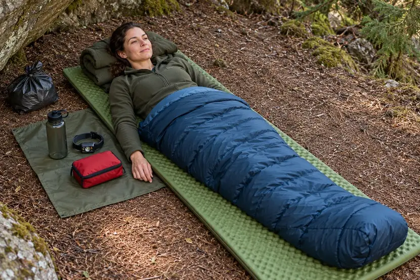 Wache Frau auf einer gepolsterten Bodenmatte im Schlafsack, Wasser und Lampe liegen seitlich erreichbar