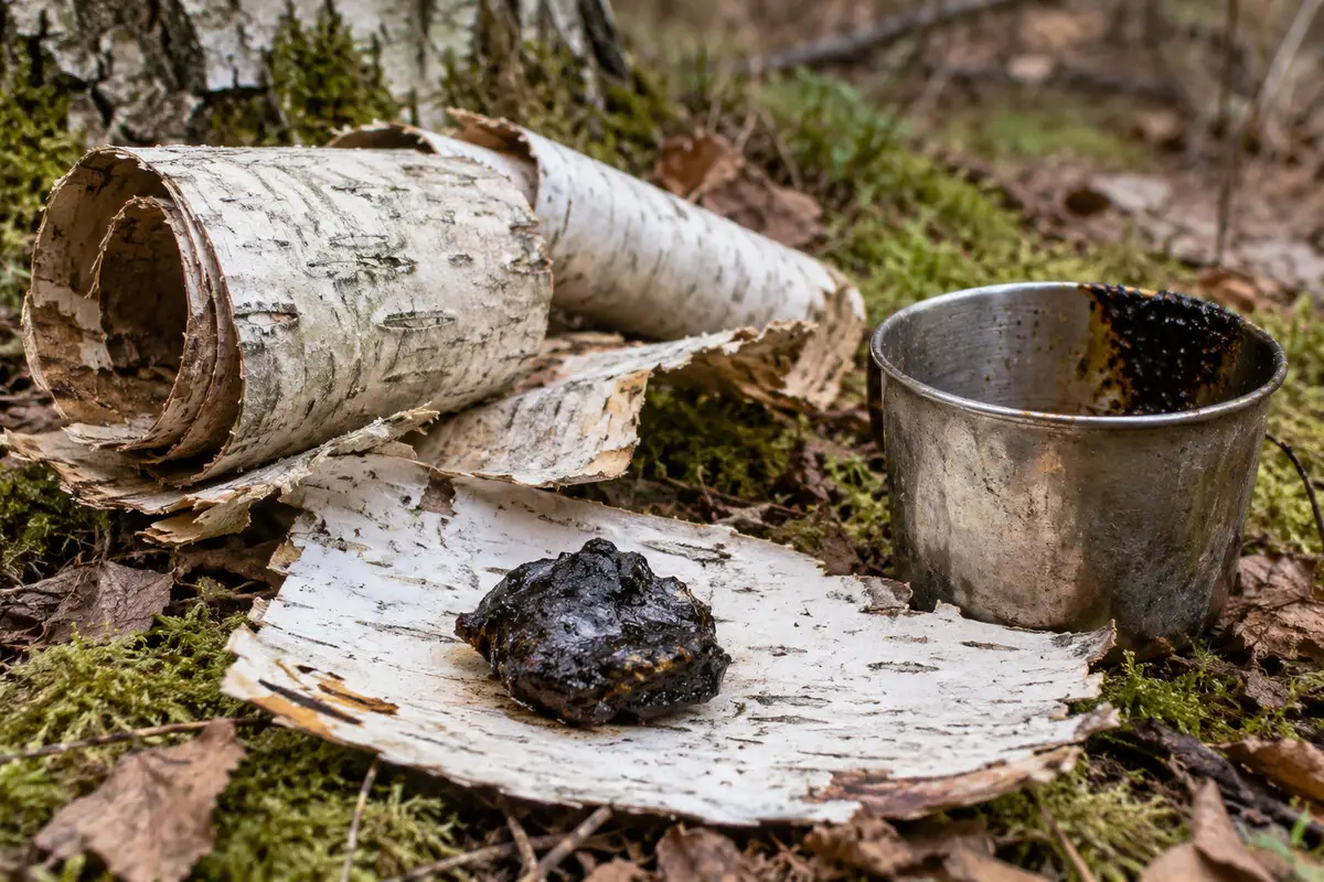 Birkenrinde, ein kleiner Klumpen fertiges Birkenpech und ein Auffanggefäß auf Waldboden