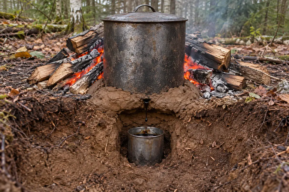 Zweigefäß-Aufbau für Birkenpech mit geschlossener Retorte im Feuer und eingegrabenem Auffangbecher darunter