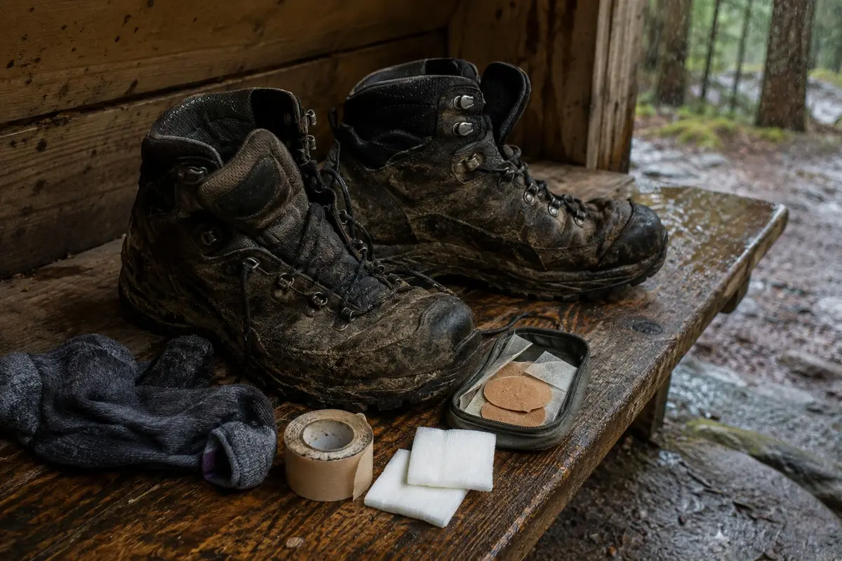 Schlammige Wanderschuhe mit Tape, Kompressen und Blasenpflastern auf einer nassen Holzbank