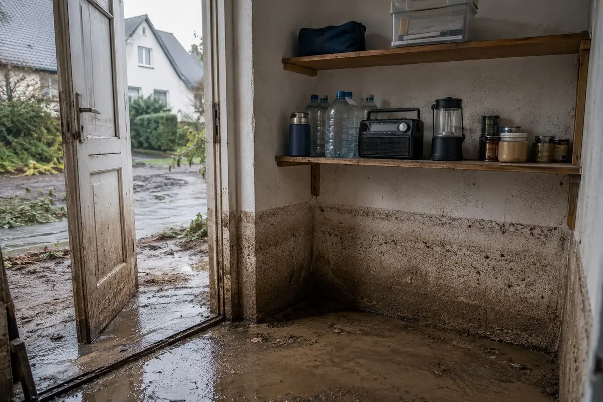 Hochwasserspuren in einem Hauseingang mit erhöht gelagerten Notvorräten