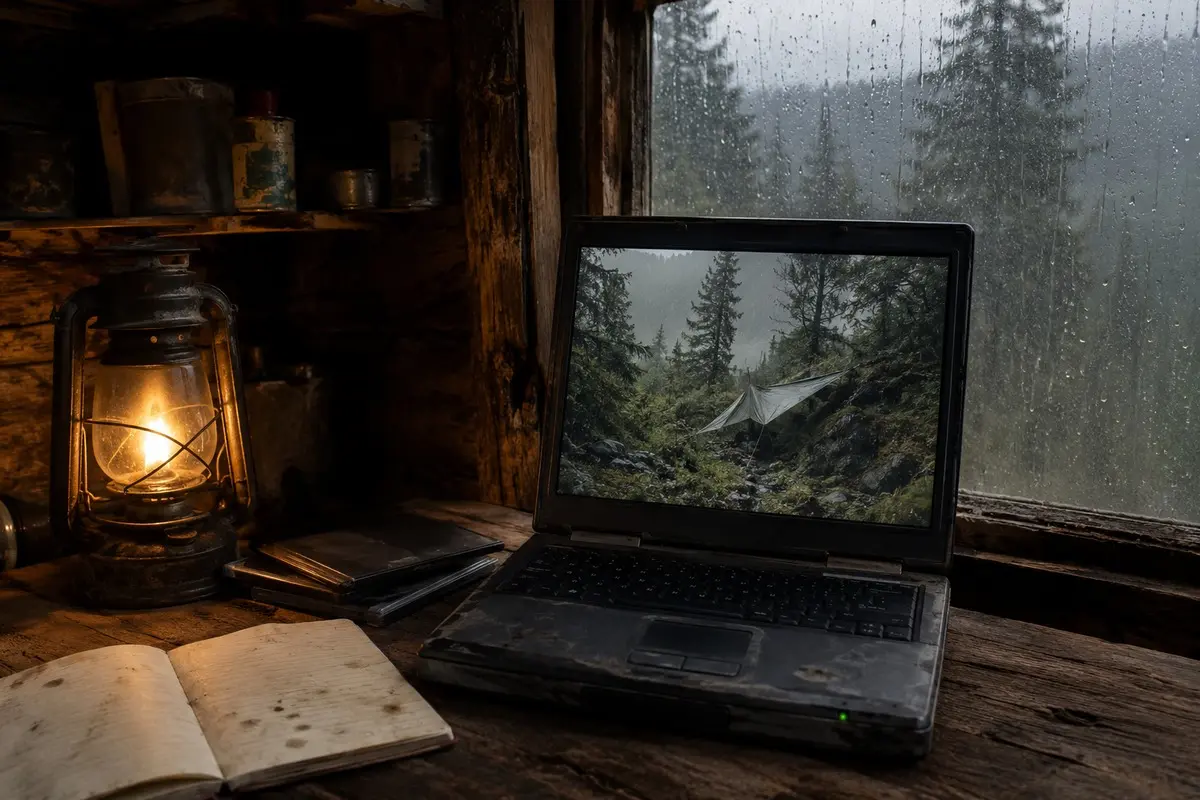 Gebrauchter Laptop mit Survivalfilm in einer regennassen Hütte bei Lampenlicht