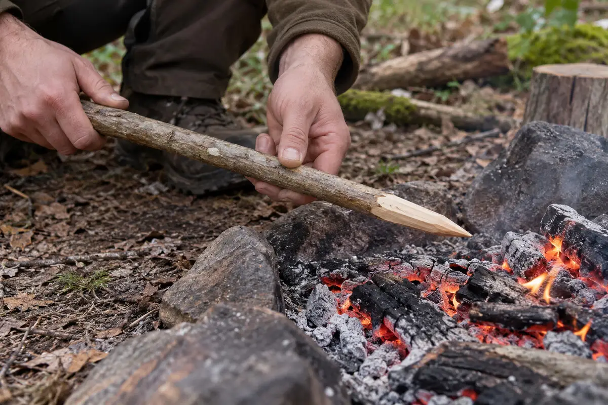 Geschnitzte Holzspitze wird seitlich über einem Glutbett langsam gedreht