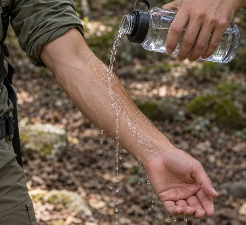 Wasser aus einer Trinkflasche wird über einen freiliegenden Unterarm gegossen und läuft von der Haut ab