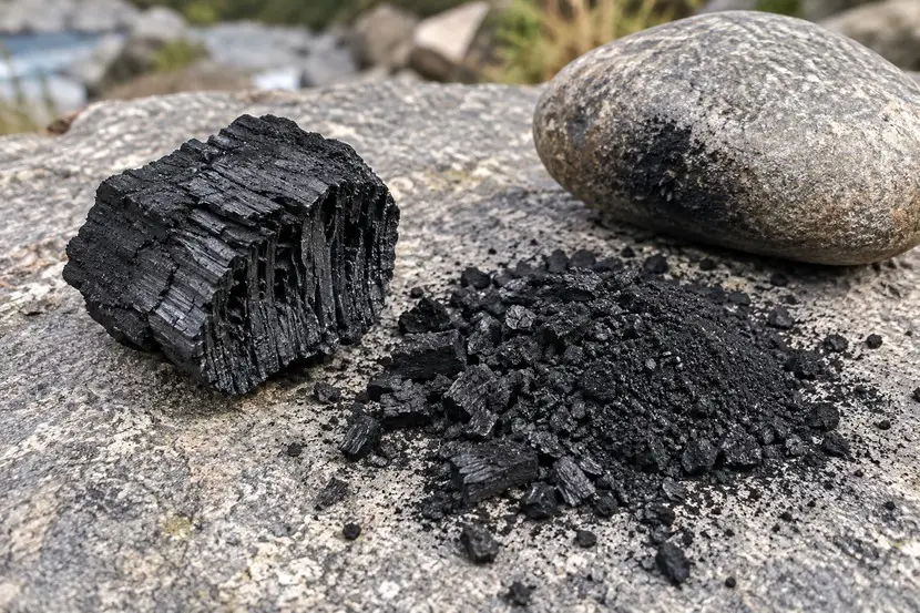 Ein Stück Holzkohle mit erkennbarer Holzstruktur liegt neben zerkleinerter Kohle auf einem Naturstein