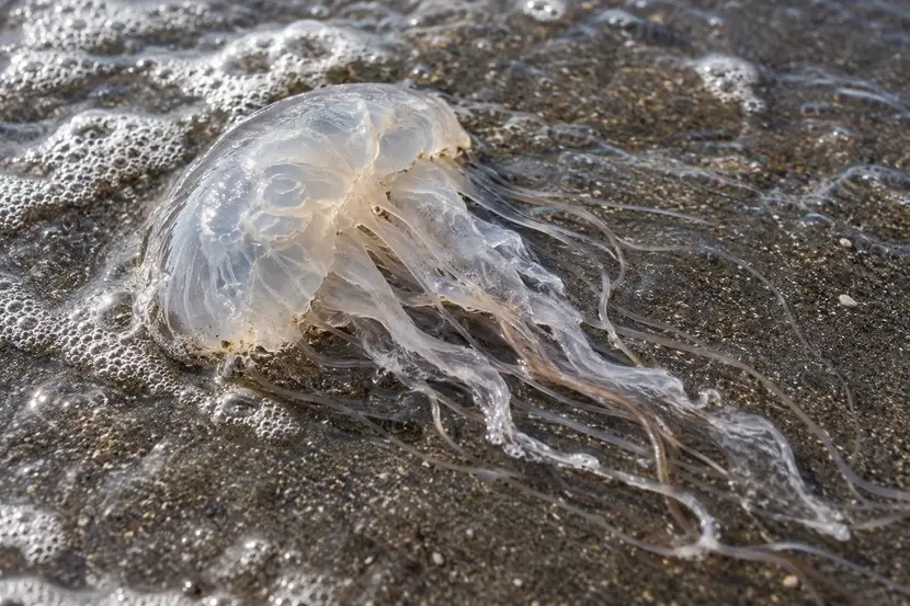 Ein angeschwemmtes Nesseltier liegt am Spülsaum, vom Schirm ziehen lange Fäden über den nassen Sand