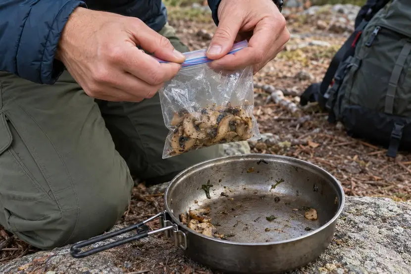 Reste einer zubereiteten Pilzmahlzeit werden neben einem Tourentopf in einem verschlossenen Beutel gesichert