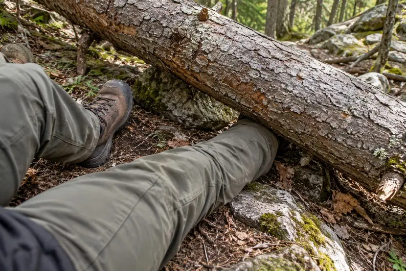 Ein umgestürzter Baumstamm hält den unteren Teil eines Beins eines Wanderers am Waldboden fest