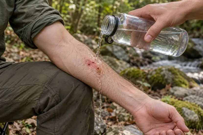 Sauberes Wasser aus einer Trinkflasche läuft über eine kleine offene Verletzung am Unterarm und wieder ab