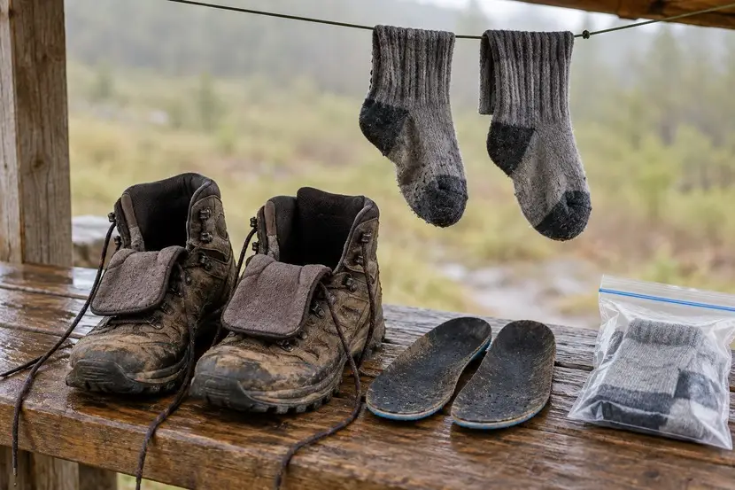 Geöffnete Wanderschuhe mit getrennten Einlagen, ausgebreitete Socken und ein geschütztes Reservepaar