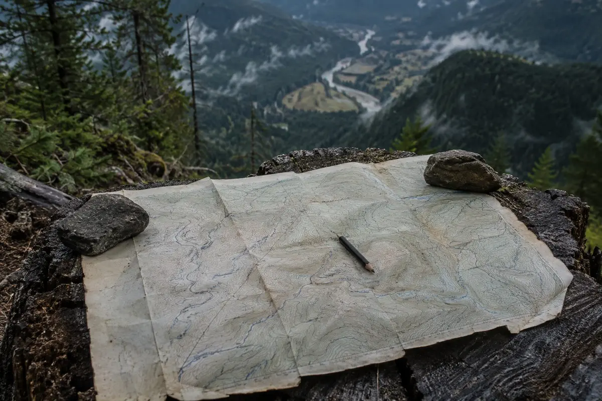 Topografische Karte auf einem Baumstumpf vor einem markanten Tal- und Flussverlauf