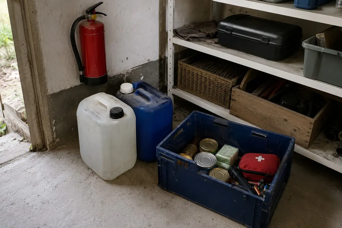 Teilweise gefüllte Vorsorgekiste mit Wasserkanistern und Feuerlöscher in einem benutzten Abstellraum