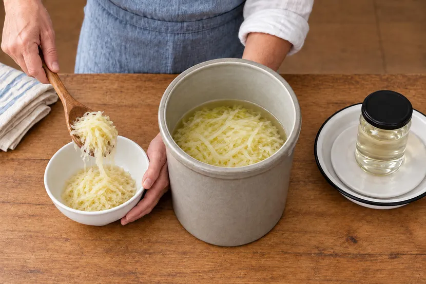 Nach der vollständigen, zur Temperatur passenden Gärzeit wird unauffälliges Kraut sauber portioniert.