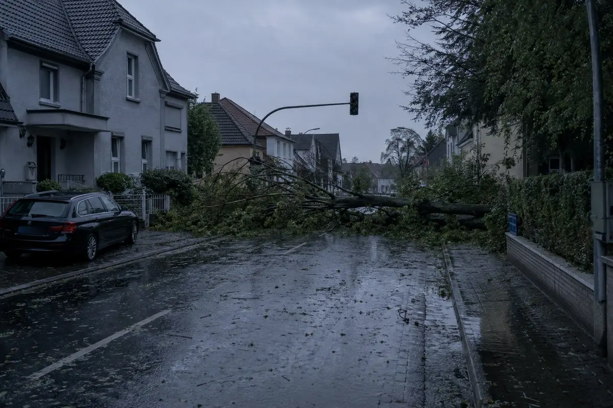 Umgestürzter Baum blockiert nach einem Sturm eine nasse Wohnstraße mit ausgefallener Ampel