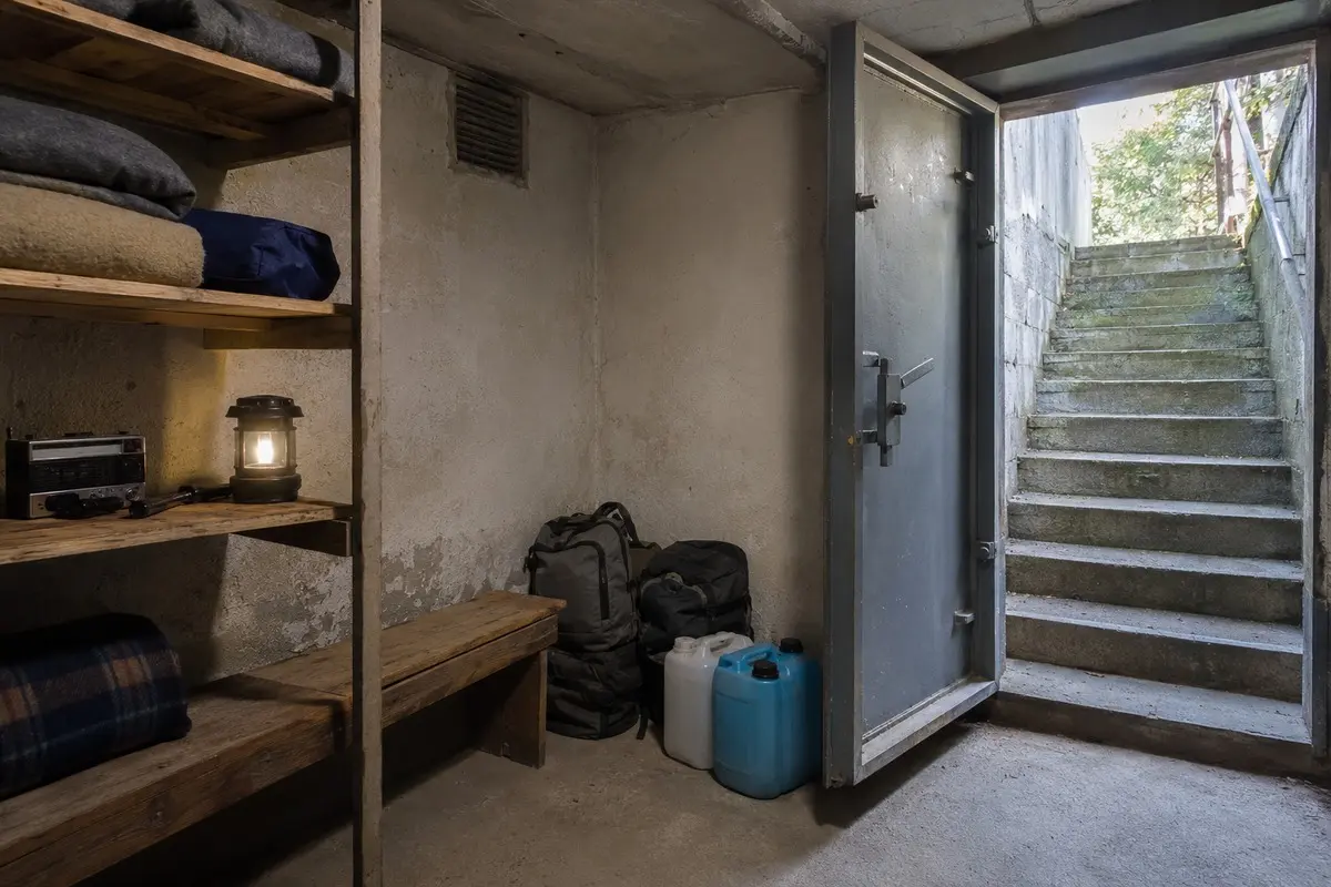Benutzter Keller-Schutzraum mit freiem Ausgang, Vorräten, Radio und Belüftung