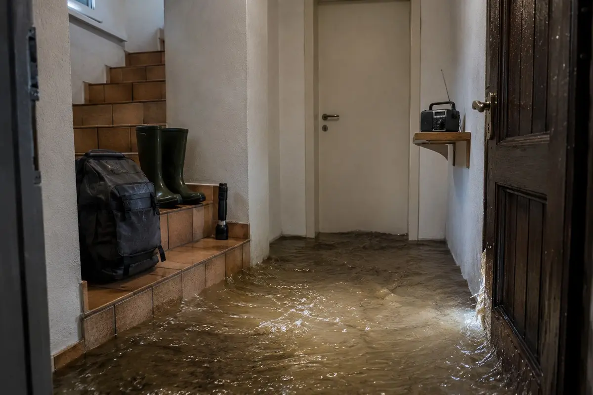 Überfluteter Hauseingang mit trocken abgelegten Stiefeln, Rucksack und Taschenlampe auf der Treppe
