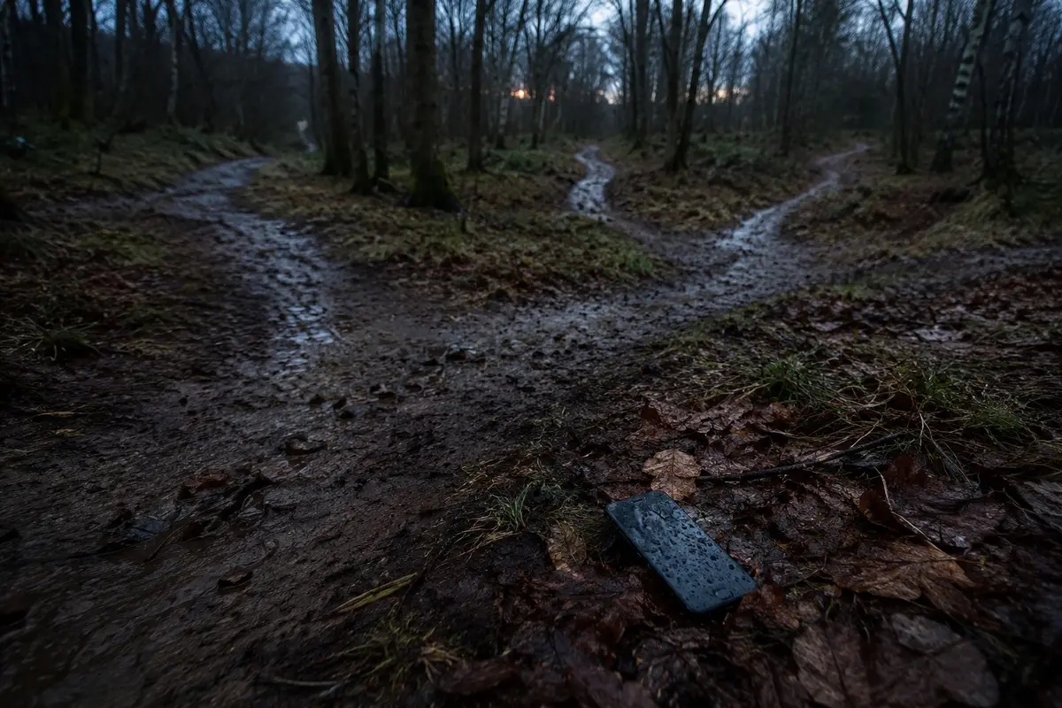 Ausgeschaltetes Smartphone neben einer verzweigten, regennassen Waldwegkreuzung bei Dämmerung