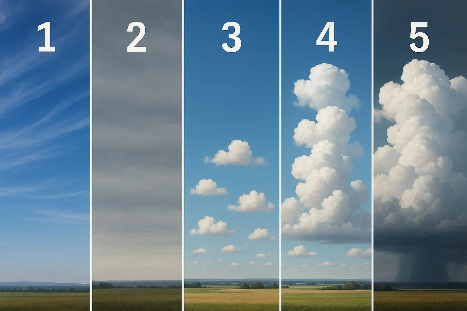 Fünfteilige Übersicht von hohen Schleierwolken über Schichtwolken bis zu stark wachsenden Quellwolken