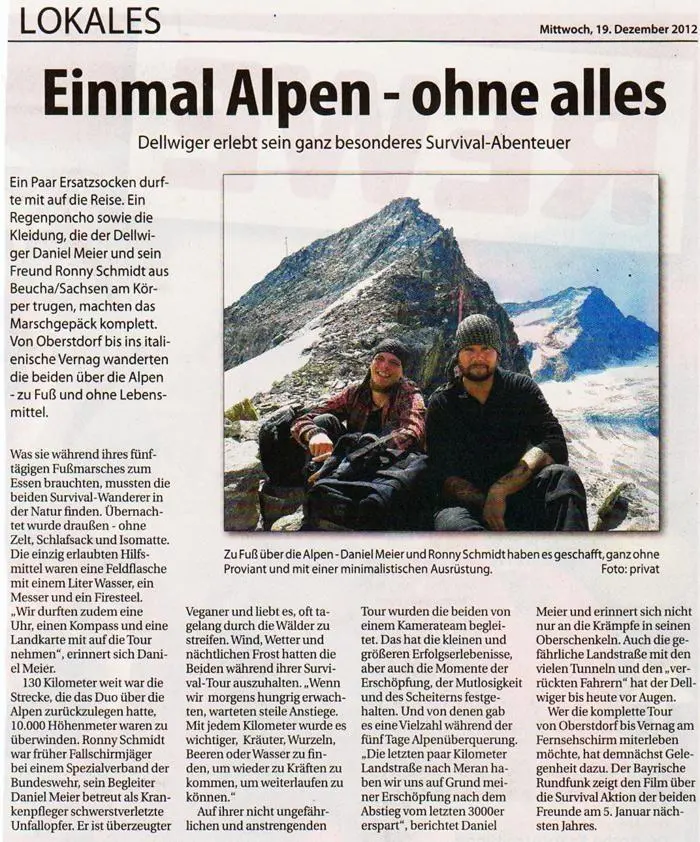Zeitungsartikel über die Survival-Alpenüberquerung 2012 von Ronny Schmidt und Daniel Meier