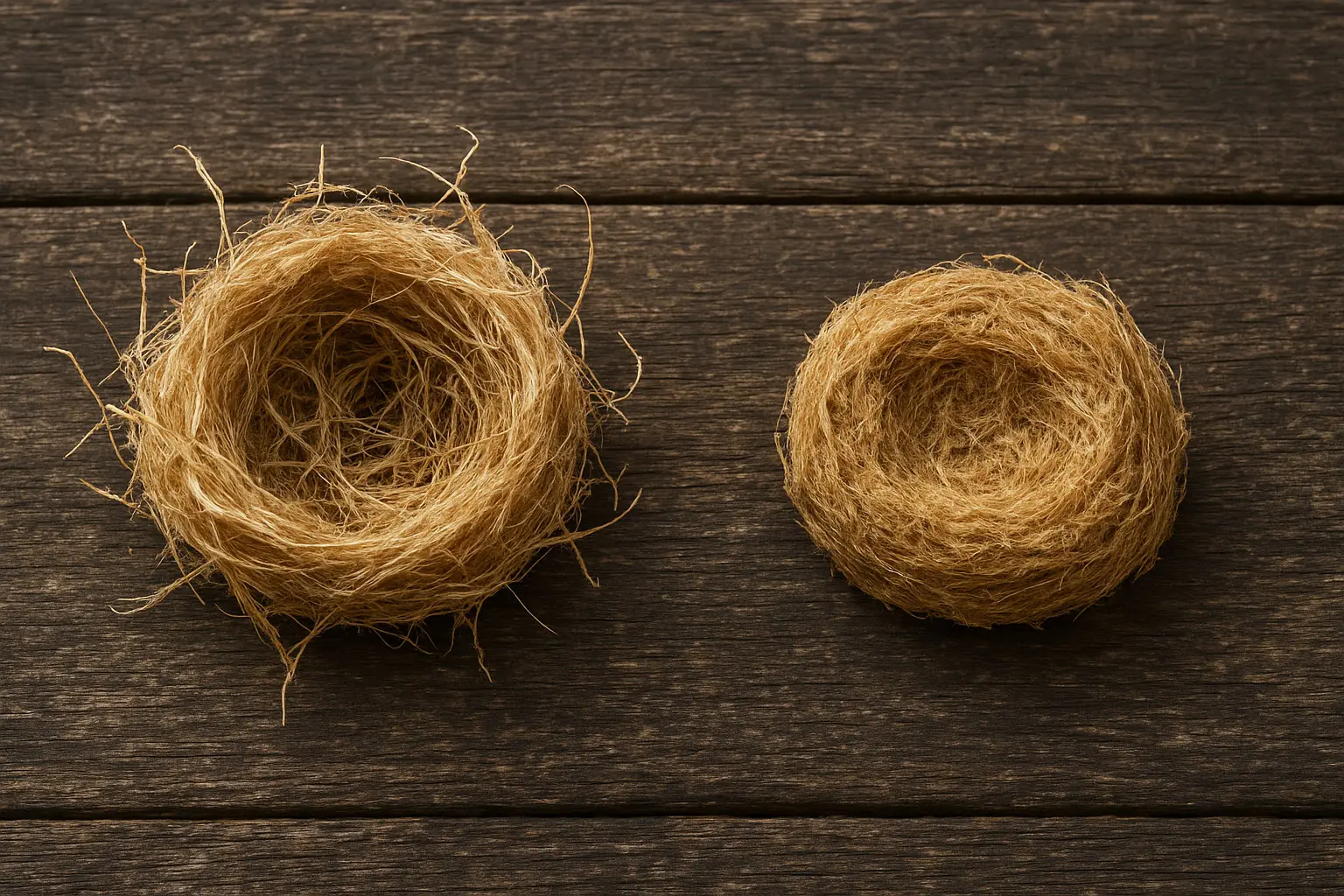 Vergleich: links luftiges Zundernest mit sichtbaren Luftkanälen, rechts verdichtetes, kompaktes Nest