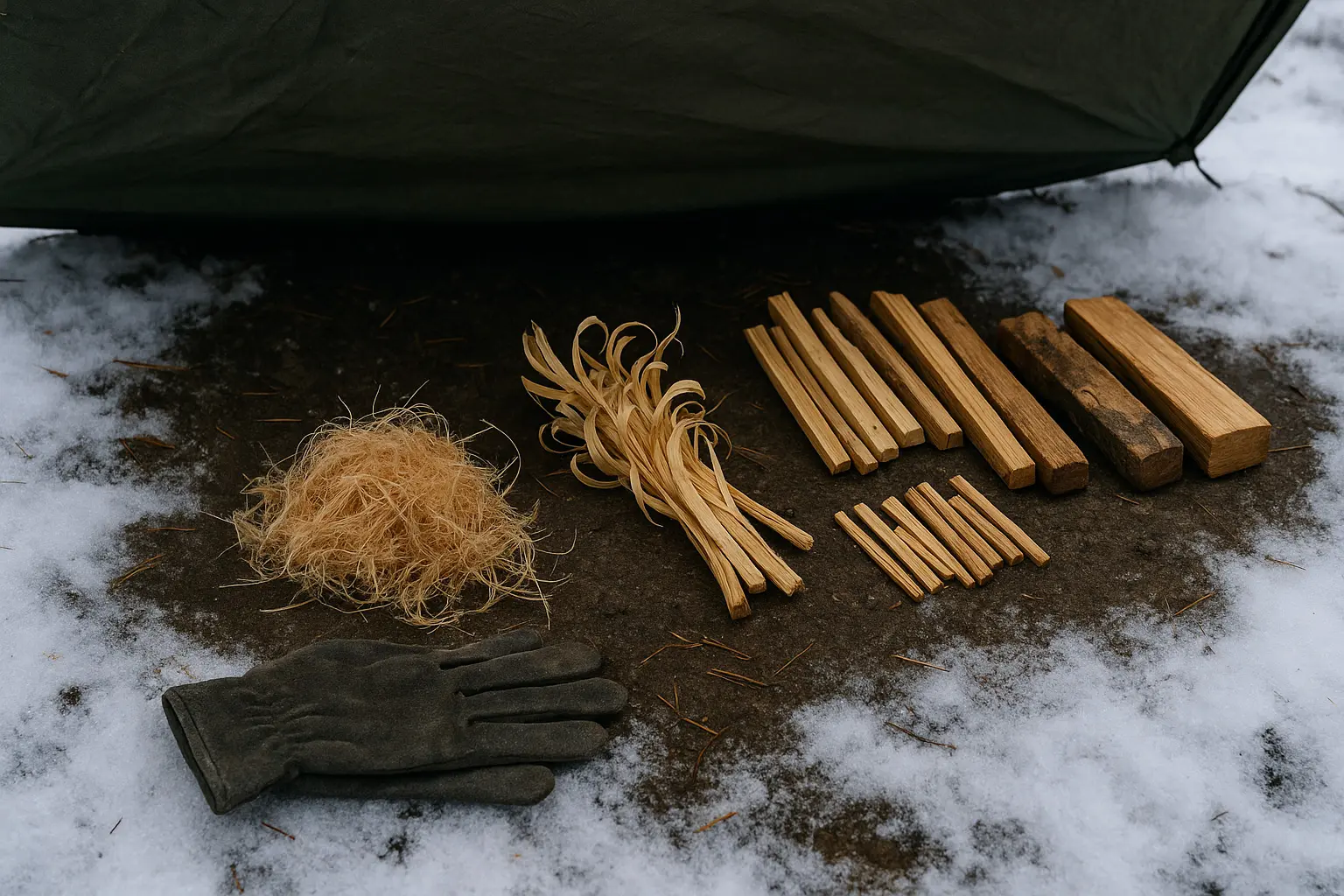 Nasskaltes Zündsetup mit Zundernest, Feathersticks und sortierten Holzstufen unter einem Tarp