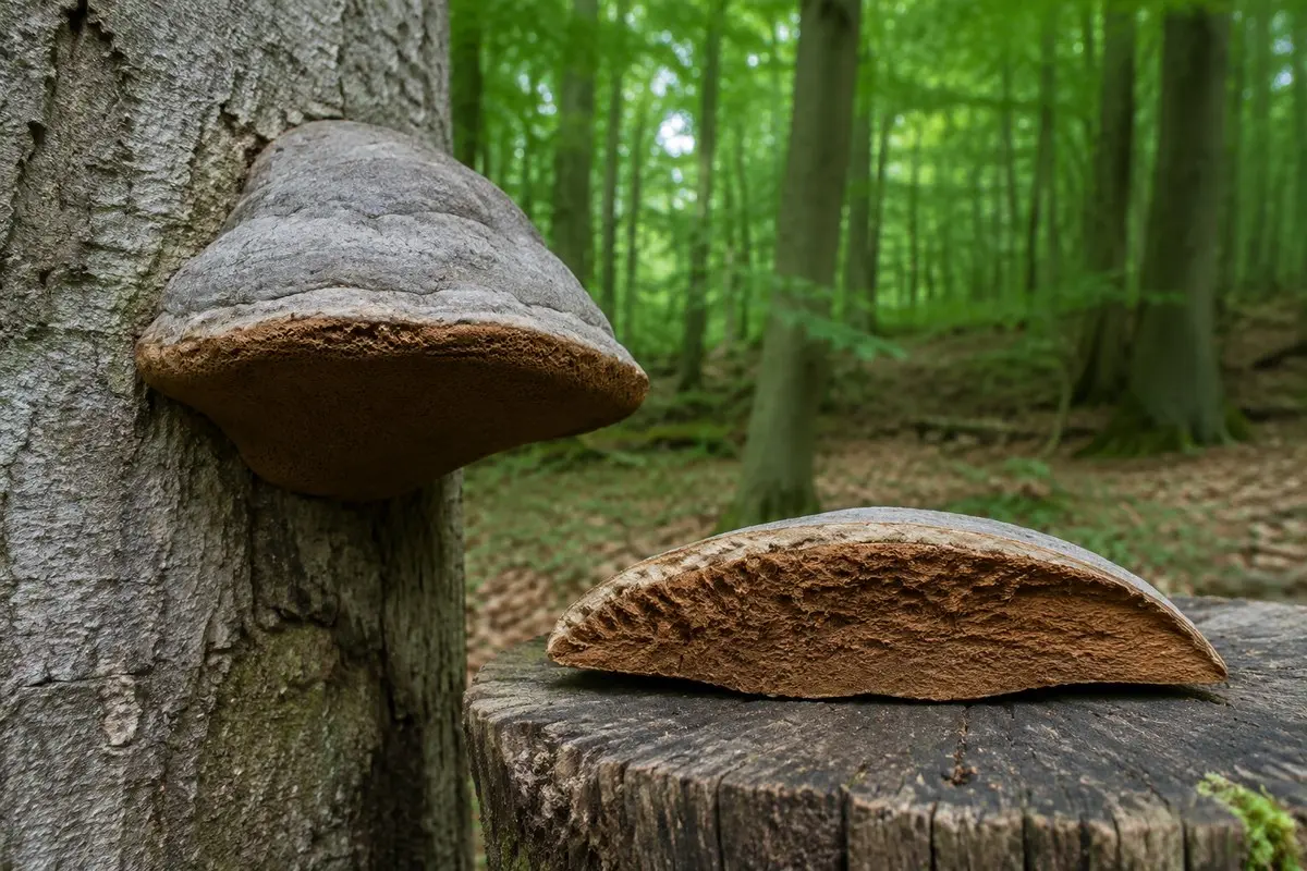Echter Zunderschwamm an einem Buchenstamm und aufgeschnittener Fruchtkörper mit brauner Trama